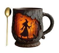 Vintage Witch Forestt Fire Mug - 386 ml Halloween Coffee Mugs | 3D Tree Bark Texture Cup with Spoon | Gift Cup for Birthday Christmas Adults Coworker Teacher Friends Outdoor Travel Camping