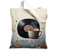 Vinyl Record And Coffee Autumn Quote Canvas Tote Bag 33 x 38 cm, Beige