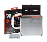 Vinyl Tonic Custodia per dischi in vinile da 30,5 cm, contiene 100 LP, include panno universale per la pulizia e 10 custodie protettive in vinile, colore argento, valigetta
