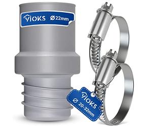 VIOKS Set con 2 fascette in acciaio inossidabile 20-32 mm e adattatore di scarico per lavatrice 22 mm di diametro per 22 mm di diametro - Connettore di estremità del tubo di scarico della