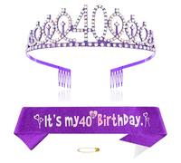 Viola 40° compleanno Tiara Sash per Principessa Corona Cristallo Regina Tiara Compleanno Fasce Buon Compleanno Decorazioni di Compleanno Sash Tiara Kit Compleanno Abbigliamento Accessori Forniture per