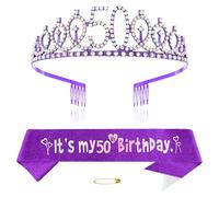 Viola 50° compleanno Tiara Sash per Principessa Corona Cristallo Regina Tiara Compleanno Fasce Buon Compleanno Decorazioni di Compleanno Sash Tiara Kit Compleanno Abbigliamento Accessori Forniture per