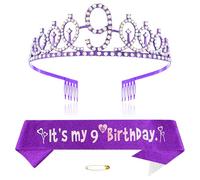 Viola 9° compleanno Tiara Sash per Principessa Corona Cristallo Regina Tiara Compleanno Fasce Buon Compleanno Decorazioni di Compleanno Sash Tiara Kit Compleanno Abbigliamento Accessori Forniture per