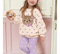 Viola caldo, dolce e carino motivo ricamato con fiocco e orsetto, felpa pullover casual morbida e comoda con scollo tondo e leggings casual spazzolati, set da 2 pezzi, adatto per autunno/inverno, uso 