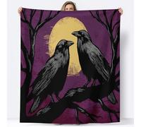 Viola Coperta Plaid Pile Tema Di Halloween Luna Piena Rami Corvi Coperte da Letto in Flanella, 180 x 220 cm Coperte Pile Morbida Leggera Soffice Accogliente e Lussuosa Coperta in Microfibra