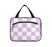 Viola e Bianco Americano Plaid Appeso Trucco Borse per le Donne con Gancio, Designer Borsa Compatta con Scomparti per Crociera Viaggio Bagno estuche para maquillaje L