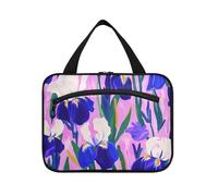 Viola e Bianco Iris Fiori appeso borse cosmetiche per le donne con gancio, designer compatto cosmetico trucco borsa per la mamma viaggio bolso de para mujer L, Fiori di iris viola e bianchi, Large