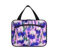 Viola e Bianco Iris Fiori appeso donna toilette borsa da viaggio con gancio, designer essenziale snack bag per viaggio essenziale per le donne viaggio bolso de mano para hombre M, Fiori di iris viola