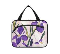 Viola e Bianco Iris Fiori Appeso Trucco Bag per le Donne con Gancio, Designer Makeup Bag per auto per le Donne Trip estuches para maquillaje L