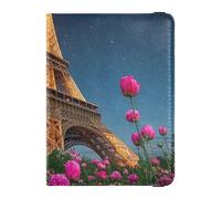 Viola Fiori Torre Eiffel Porta passaporto in pelle per viaggi Documenti di Viaggio Organizer Protector Passaporto Holder Case per gli uomini Leggero, Fiori viola romantica Torre Eiffel, 1 size