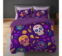 Viola Intenso Set Copripiumino,Cartone Animato Teschio Giorno Dei Morti,Ultra Soft Non Si Stira copripiumini-Ultra morbido,Angenehm, Reversibile, Per l'estate e l'inverno,Copripiuminos 140 x 200