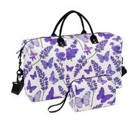 Viola Lavanda con Farfalle Borsa a Mano Da Viaggio Weekender Duffel Bag Gym Tote Bag con Cinghia Regolabile per Viaggio 2 Pz Set Bolsa para