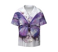 Viola Pittura A Olio Farfalla Uomini Colletto Cuban Manica Corta Button Down - Casual Beach Resort Vacanza Camicia, Nero, Large-5X-Large