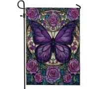 Violet Butterfly Stained Glass Flower Bandiere Resistente Alle Intemperie Flag Colore Vivido Bandiere Verticale Per Interno Feste Esterno 30X45Cm