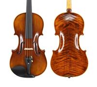 Violino Set Violino avanzato a grandezza naturale realizzato a mano con vernice naturale in acero fiammato, piatto in abete rosso antico, violino in ebano 4/4