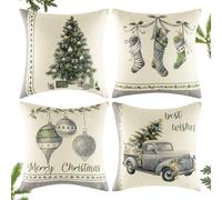 Viosmut 4 federe per cuscino natalizio, 40 x 40 cm, in lino grigio, con motivo a campana, per decorazioni natalizie, soggiorno e divano