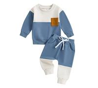 Vioyavo Completo Bambino Sportivo Invernale Top Bambino + Pantaloni Bambino con Coulisse Completo Bambino Neonato Felpa Manica Lunga Colore a Contrasto (Blu, 6-12 Months)