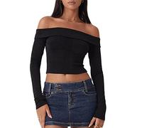 Vioyavo Top Donna Spalle Scoperte Sexy Maniche Lunghe Elegante Crop Top Maglia Invernale Corto Maglione Senza Spalline (Nero, L)