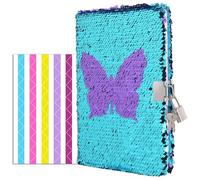 VIPbuy Diario magico reversibile di lustrini con serratura e chiave Diario di viaggio foderato con angolo fotografico per donne ragazze, formato A5 (215 x140 mm), 156 pagine (Diario farfalla)