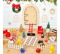 VIPNAJI 70 Pezzi Porta Elfo Natale Kit, Casetta Elfo di Natale Decorazioni, Porticina Elfo Natale Legno Accessori con Set da Forno, Set da Cantiere, Ghirlanda di Natale, Mini Albero Natale, Slitta...