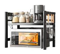 VIPNAJI Mensola Microonde Estensibile, Salvaspazio in Acciaio Carbonio, Ripiano Contatore Cucina Organizzatore, Regolabile Due Livelli Con 6 Ganci