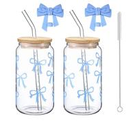 VIQIHEOE 2 pezzi Bicchieri in vetro, 500ml Bicchieri ad arco in vetro con coperchio e cannuccia, Bicchieri con fiocco, Bicchiere per caffè freddo in forma di barattolo, Bicchiere versatile con
