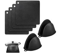 VireEyU 1 paio di guanti da forno in silicone ispessiti con 4 sottopentola resistenti al calore e antiscivolo - Guanti da cucina resistenti al calore, antiscivolo e impermeabili per cottura (nero)