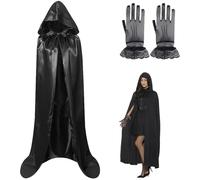 VireEyU Mantello Nero Con Cappuccio, 170CM Mantello Di Velluto, Costume Da Vampiro Per Donne E Uomini, Mantello Unisex Per Carnevale, Halloween E Cosplay, Inclusi Guanti Di Pizzo Nero