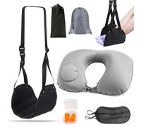 VireEyU Set da Viaggio: Supporto per Piedi & Cuscino per il Collo da Viaggio - Hammock per Piedi Regolabile con Maschera per Occhi e Tappi per le Orecchie Inclusi, Portatile, per Aereo, Ufficio, Nero