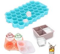 VireEyU Set di 3 Forme per Ghiaccio in Silicone, Contenitori Impilabili con Coperchio, Grandi Cubi & Forme Esagonali, Adatti per Cocktail Whisky, Senza BPA