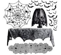 VireEyU Set di Decorazioni di Halloween 40 Pezzi: Tessuto per Paralume, Runner da Tavolo in Pizzo Ragnatela, Tovaglia Rotonda Ragnatela, Sciarpa da Camino, Adesivi Murali 3D Pipistrello