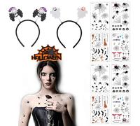 VireEyU Set Halloween, Kit di 8 Tatuaggi Facciali a Ragnatela e 3 Cerchietti, Tatuaggi Temporanei, Accessori Make-Up per Halloween e Carnevale
