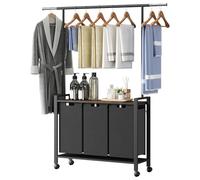 Virimolo Appendiabiti con Cesta Portabiancheria, Cesto Portabiancheria Doppio, 2 x 49L Cesto Portabiancheria Con Autoportante e Ripiani, Appendere, Contenere, Dividere, Tutto in uno