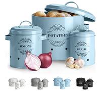 Virklyee Set 3 Contenitori Salvaspazio,Porta Patate, Aglio e Cipolla in Metallo, Frutta e Verdura in Metallo per la Cucina (Blu Chiaro)