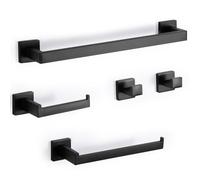 Virklyee Set Porta Asciugamano 5 Pezzi 43CM Portasciugamani in Acciaio Inox Porta Carta Igienica 2 Gancio per Asciugamani Montaggio a Parete Set Accessori da Bagno, Foro di Perforazione(Nero)