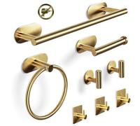 Virklyee Set Porta Asciugamano 8 Pezzi Portasciugamani Porta Carta Igienica Anello Asciugamano 5 Gancio Set da Bagno Autoadesivo in Acciaio Inox Porta Asciugamani Appeso a Parete Bagno Cucina(Oro)