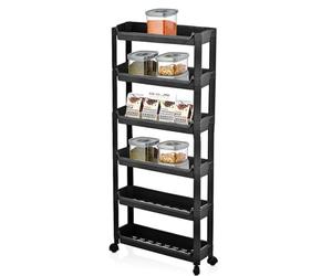 VIRSUS Carrello Salvaspazio Portaoggetti Stretto a 6 RIPIANI colore NERO 9532, Misura 46,5x14,5x92 cm, Scaffale Multiuso con 4 Ruote per Bagno, Cucina, Garage, Lavanderia