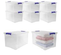 VIRSUS Contenitori Multiuso con 2 Chiusure a Scatto Blu 856, misura 58x38,5x29 cm e capacità 43Lt, porta biancheria Trasparente con coperchio, box salvaspazio impilabile armadio, accessori (8)