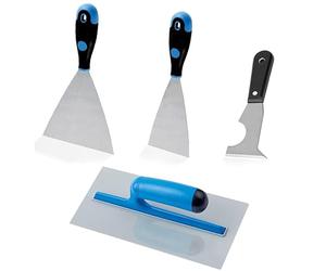 Virsus Kit 4 Utensili per IMBIANCHINO: 2 Spatole Stucco da 6cm e 12cm, 1 Raschietto Multiuso da 6cm, 1 Frattazzo liscio da 28x12 cm, Lame in Acciaio, Utensili Professionali e Fai da Te