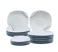 Virsus Servizio di Piatti QUADRATI per 6 Persone 7106, 18 Piatti in Porcellana color Bianco con Righe, Set composto da Piatto Fondo Diam.20,5cm, Piatto Piano Diam.24cm e Piattino Dessert Diam.19cm