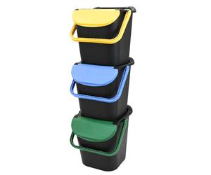 VIRSUS Set 3 Pattumiere a Torre per Raccolta Differenziata 1587, misura 40x40x43 cm, Capacità 30 Litri, Bidoncini Spazzatura Salvaspazio Impilabili, 2 Maniglie, Colori Giallo, Verde e Azzurro