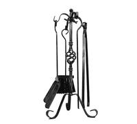 Virsus Set 5 attrezzi per Camino in ferro battuto, di colore nero con sfumature, accessori per braciere con manici curvi, composto da pala, spazzola, attizzatoio e pinze per pulizia caminetti