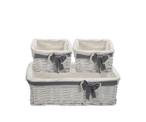 Virsus Set di 3 Cesti in Vimini portaoggetti impilabili 8342, misura 45x27x15 cm e 2 cesti 20x20x12 cm, con fodera in Tessuto, cesto intrecciato organizer per bagno, dispensa, Bianco con Fiocco