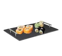Virsus Vassoio in Ardesia con Manici in Metallo, Misura 45x30 cm, Piano Rettangolare impermeabile, 4 Piedini Antiscivolo, Piatti da Servita, Vassoi da Portata per Dolci, Sushi -995