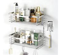 VirtuGro Set di 3 Mensola Doccia Senza Foratura con 5 ganci + Portaspazzolini da Bagno Organizer Bagno Mensola Adesiva Porta Bagnoschiuma da Doccia Shower Shelf Acciaio Inossidabile Argento