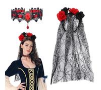 VisageVitalit Halloween Cerchietto Giorno dei Morti Fascia per Capelli con 1 Choker Collane, Accessori per Travestimenti da Donna