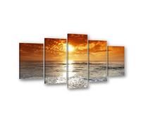 Visario Quadro su tela 5 pezzi XXL 200x100 cm 6311 - Tramonto sulla risacca - Mare scintillante in arancione e oro - Set quadri da parete pronto da appendere su telaio in legno