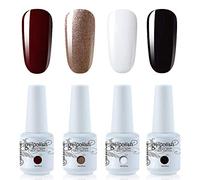 Vishine - Set di 4 smalti gel semipermanenti per unghie, colore: Bianco / Nero / Rosso scuro e Rosa Oro Soak Off UV LED Gel Nail Art Kit classico