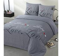 VISION - Parure Housse de Couette Flanelle Love Gris - Housse de Couette 260x240cm avec 2 taies Assorties 65x65cm - 100% Coton