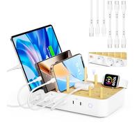 VisionSync Stazione di Ricarica Bamboo da 60W per Più Dispositivi Con 3 Prese CA, 3 USB-C, 3 USB-A, Cavo di Alimentazione da 2m per IPhone, IPad, Tablet (6 Cavi Misti), Bianco